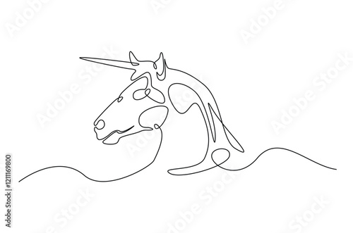 Unicorn head in continuous one line drawing. Abstract unicorn head in single line art illustration. Editable vector.