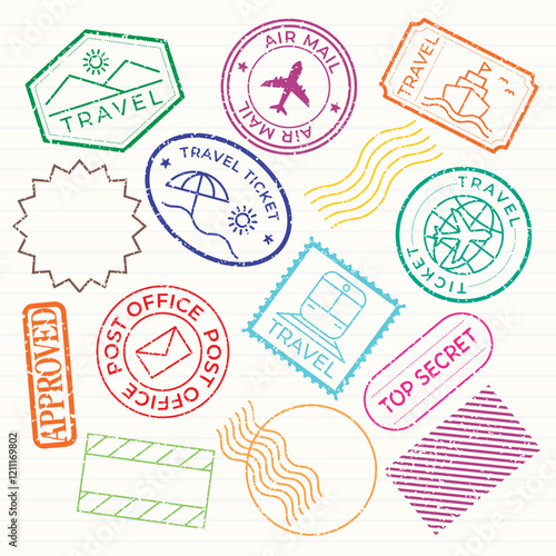 Colorful passport stamps from cities like Toronto, New York, Beijing, San Francisco, and more. Travel-themed stamps showcase global destinations and iconic landmarks. Colorful travel stamps, vectors.