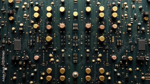 Rows of capacitors and resistors placed symmetrically on a circuit board.