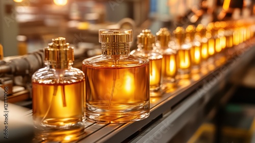 Rows of perfume atomizers being filled on an assembly line in a factory. photo