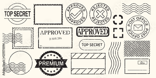A collection of black stamp designs, featuring 'Top Secret' and 'Approved' labels, with various shapes like circles, squares, and triangles. Black stamps, vector set.