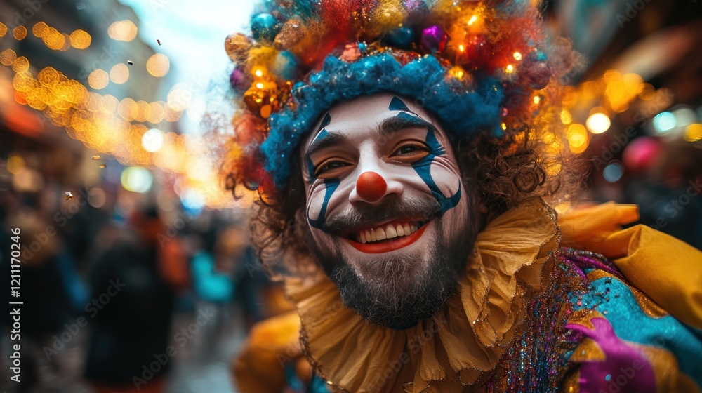 Smiling clown, festive street parade, city lights, holiday fun Smiling clown, festive street parade, city lights, holiday fun