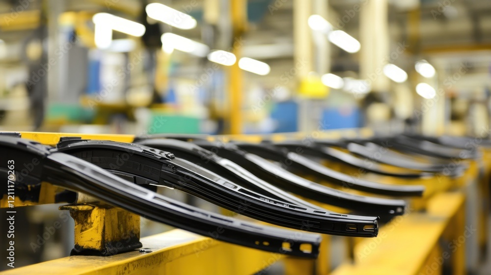 Obraz premium Rows of windshield wipers neatly arranged in a factory production area.