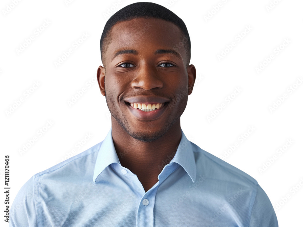 Confident young man in blue shirt smiling brightly, exuding a positive attitude Confident young man in blue shirt smiling brightly, exuding a positive attitude