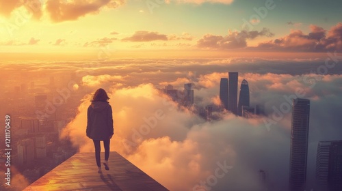 Woman looking out at cityscape on a cliff edge above the clouds photo