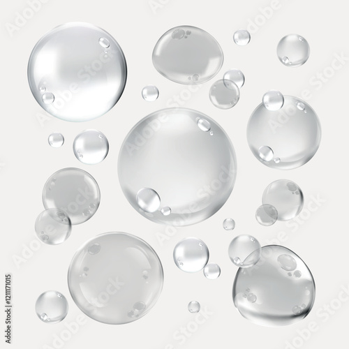 Transparent soap bubbles floating on a dark background. Bubbles of various sizes, creating a light, airy feel. Soap bubbles add a whimsical touch. Soap bubble element vector set.