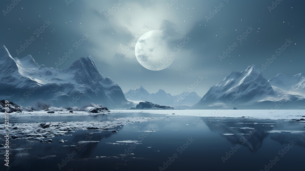 Naklejka premium digital technology snow mountain and moon landscape poster background