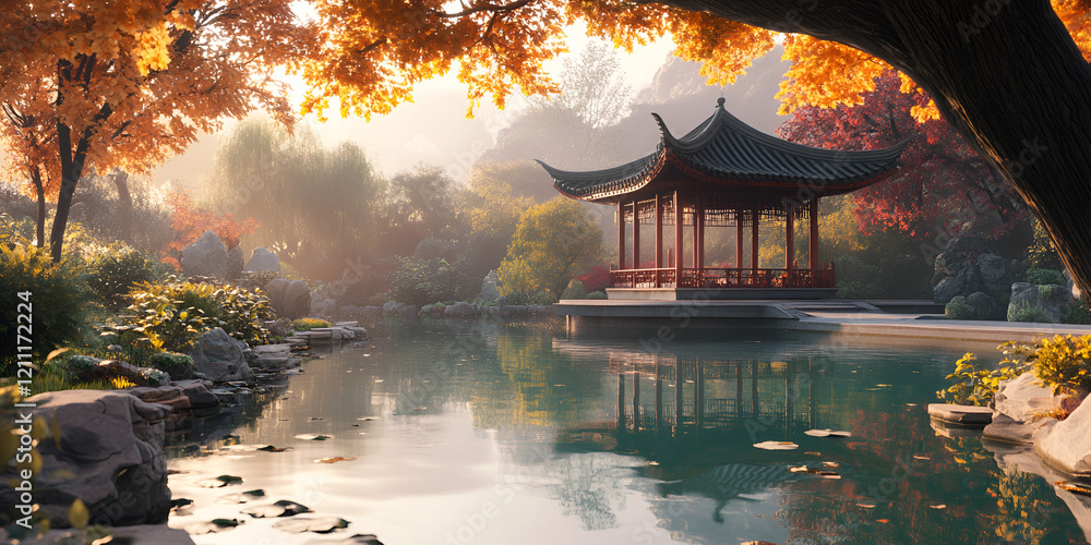 Obraz premium Chinese Garden Pavilion Reflected in Tranquil Water