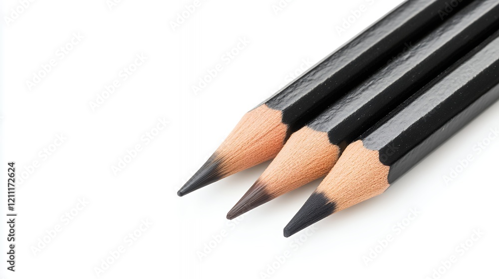 Close-up view of three sharpened black pencils with exposed wooden tips against a clean white background