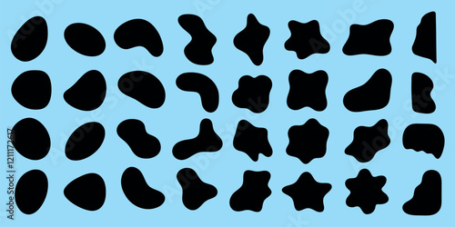 Abstract black shapes on a blue background. Organic shapes vary in size and form. Unique shapes create a dynamic pattern. Abstract shapes add visual interest. Black shape vector set.