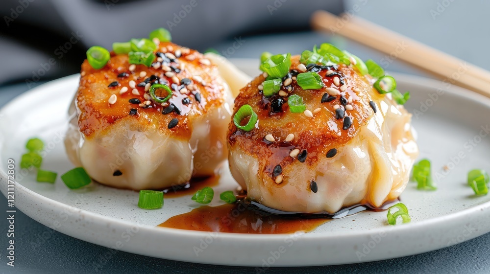 Pan-fried dumplings, sesame seeds, spring onions, soy sauce. Asian food recipe, restaurant menu Pan-fried dumplings, sesame seeds, spring onions, soy sauce. Asian food recipe, restaurant menu