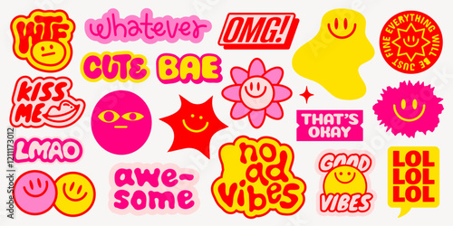 Colorful stickers with playful phrases like 'OMG!', 'Cute Bae', 'No Bad Vibes', and smiley faces Bright, fun, and expressive designs for positivity Funky stickers, vector set