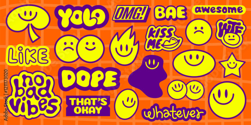 Colorful stickers with phrases like YOLO, OMG, and awesome Bright yellow and purple smiley faces, stars, and fun expressions on an orange background Funky stickers, vector set