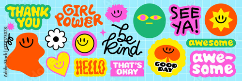 Colorful stickers with phrases like 'girl power', 'be kind', 'awesome' Bright designs with smiley faces, hearts, and flowers Fun, vibrant, positive vibes Funky stickers, vector set