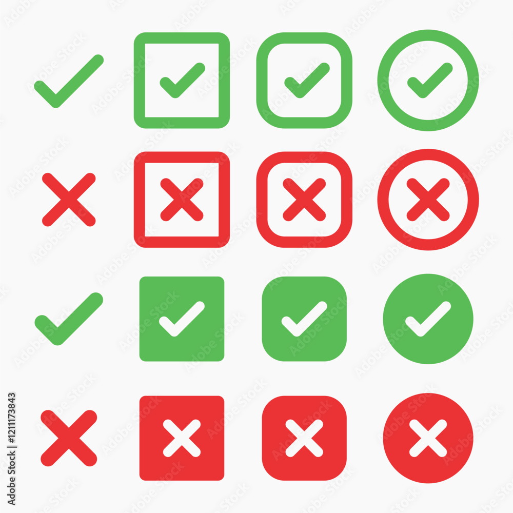 Green check marks and red X marks in various styles. Check marks and X marks in boxes and circles. Symbols for correct and incorrect choices. Vector element set.