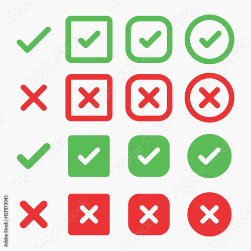 Green check marks and red X marks in various styles. Check marks and X marks in boxes and circles. Symbols for correct and incorrect choices. Vector element set. photo