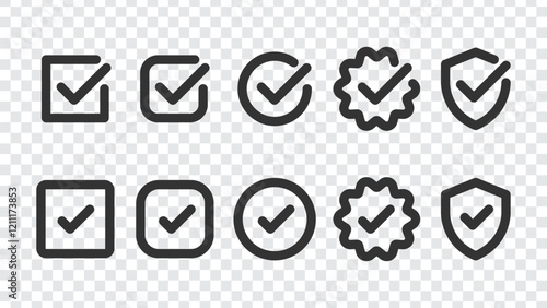 Set of checkmark icons in various shapes: square, circle, badge, and shield. Black checkmarks on transparent background. Checkmark symbols for approval and validation. Vector element set.