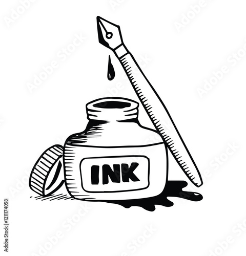 ink bottle doodle with pen hand drawn sketch vector illustration