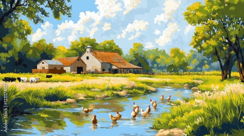 Idyllic Farm Scene: Chickens in Stream, Rustic Barn, Sunny Day