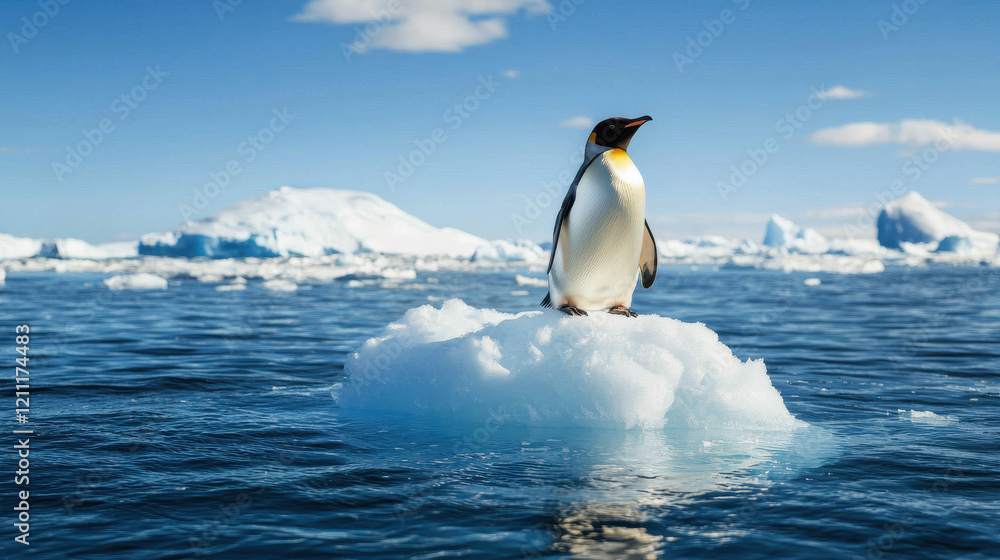 Fototapeta premium lone penguin stands on shrinking ice floe surrounded by open water