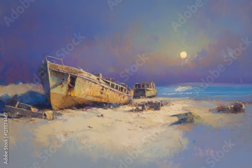 Rusty Ships Resting on a Sandy Beach Underneath a Sunset Sky