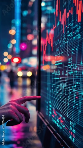 Person interacting with a digital stock market display in a vibrant urban setting at night