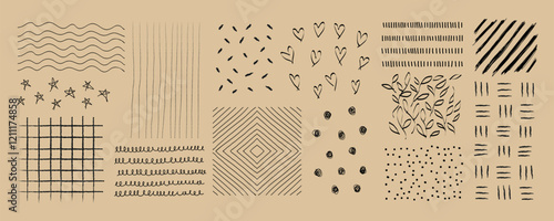 Abstract hand-drawn patterns featuring lines, dots, and shapes. Various designs include stars, hearts, and leaves. Black and white abstract patterns. Element vector set.