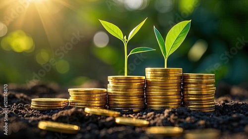 a plant shoot grows on top of a pile of neatly stacked coins, explaining the new landscape of economic diversification in response to the recession.