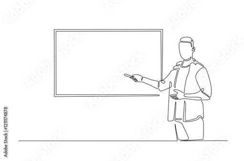 businesswoman doing presentation with whiteboard in continuous one line drawing. Teacher and whiteboard in single line art illustration. Editable vector.