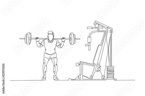 Man doing exercise with a heavy weight bar in continuous one line drawing. Cardio and lifting exercises at the gym studio single line art illustration.