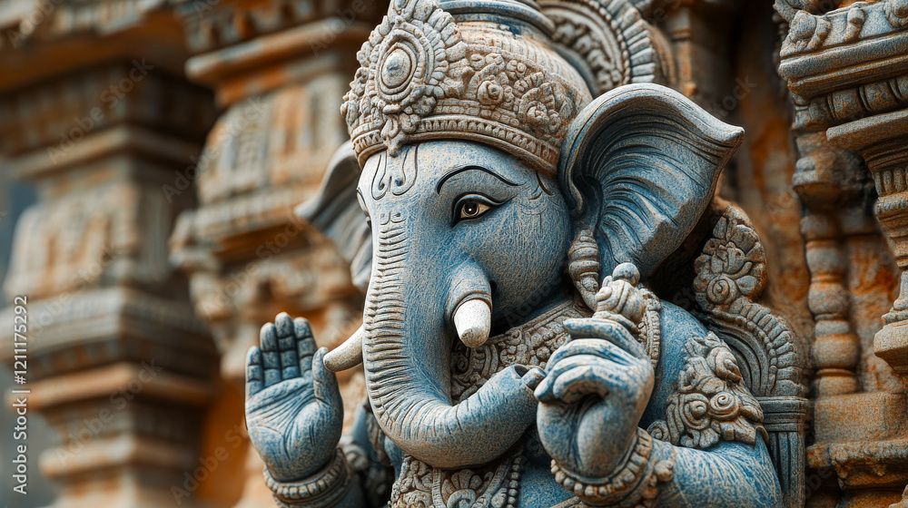 Fototapeta premium Intricately Carved Ganesha Idol in a Temple Setting,