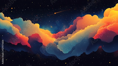 digital artwork featuring a vibrant, abstract depiction of a cosmic scene showcasing a series of colorful swirling clouds that resemble a nebula, with hues of orange, pink and purple blending seamless