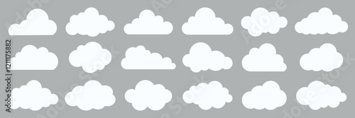 Collection of white cloud icons on a gray background. Various cloud shapes. Simple cloud design. Perfect for weather or nature themes. Cloud icons for design. Weather element vector set.