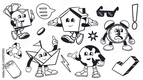 Cartoon characters include a globe, clock, house, and paper boat. Fun, playful designs with expressive faces. Cartoon globe, clock, and house bring joy. Cute cartoon elements, vector set.