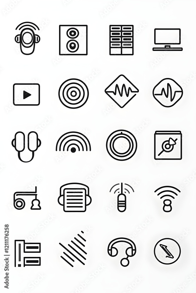 A grid of black thin-line icons representing sound and audio elements, including speakers, ears, waves, and mute symbols, arranged neatly on a white background, crisp and precise details
A grid of black thin-line icons representing sound and audio elements, including speakers, ears, waves, and mute symbols, arranged neatly on a white background, crisp and precise details