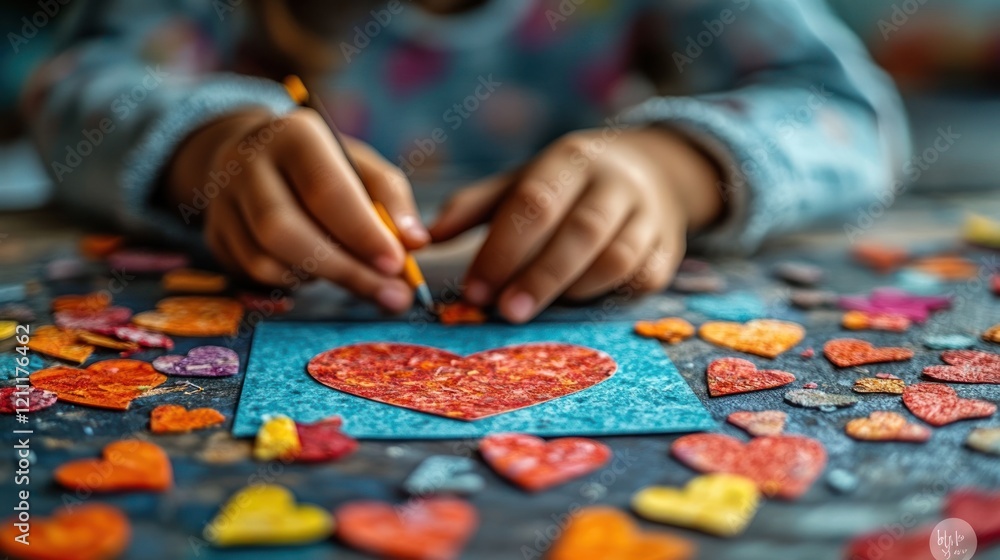 Fototapeta premium Child crafting heart card, colorful hearts background, home table, Valentine's Day