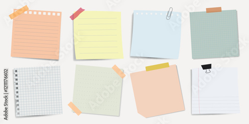 Colorful sticky notes in various shapes and sizes, featuring lined, grid, and plain designs. Sticky notes with tape and clips for office or school use. Pastel element set with copy space. Vectors.
