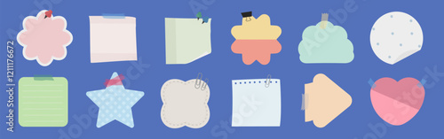Colorful sticky notes in various shapes: flower, star, heart. Sticky notes for reminders, sticky notes for notes, sticky notes for creative ideas. Cute memo element set. Vectors.