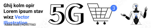 5G technology icon, online shopping cart with 3 notifications, futuristic humanoid robot, Latin placeholder text in black, blue accents. Ideal for tech presentations, e-commerce, AI introduction