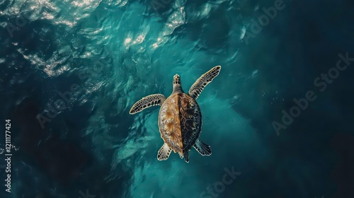 Fototapeta Naklejka Na Ścianę i Meble -  A sea turtle swimming gracefully against a backdrop of blue ocean waves.