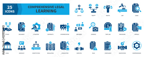 Comprehensive Legal Learning  Icon Collection Set. Containing justice, equity, rights, law, ethics, litigation, constitution, regulation Icon. Simple Flat Vector. Blue Color Style