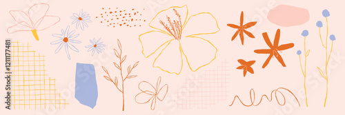 Abstract floral elements in soft colors. Flowers, leaves, and shapes in orange, blue, and pink. Delicate floral designs and abstract floral patterns. Hand drawn floral illustrations set Vectors.