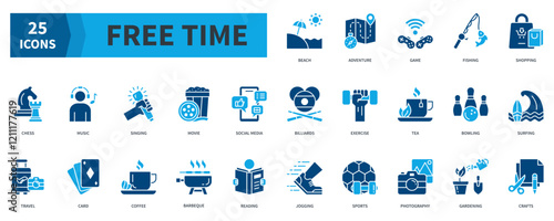 Free Time  Icon Collection Set. Containing beach, adventure, game, fishing, shopping, music, movie, travel, sports Icon. Simple Flat Vector. Blue Color Style