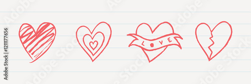 Four red heart doodles: striped heart, layered hearts, heart with 'love' banner, broken heart. Red hearts, doodles, love, heart designs. Cute hand drawn love doodle, element set. Vectors.