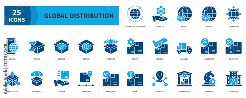 Global Distribution  Icon Collection Set. Containing global distribution, services, export, import, expansion, digital, cargo, logistic, delivery, strategy Icon. Simple Flat Vector. Blue Color Style