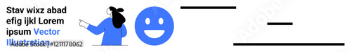 Woman pointing at a large happy face with sample text. Ideal for presentations, educational content, marketing material, infographics, web design, social media, publications. Banner for landing page