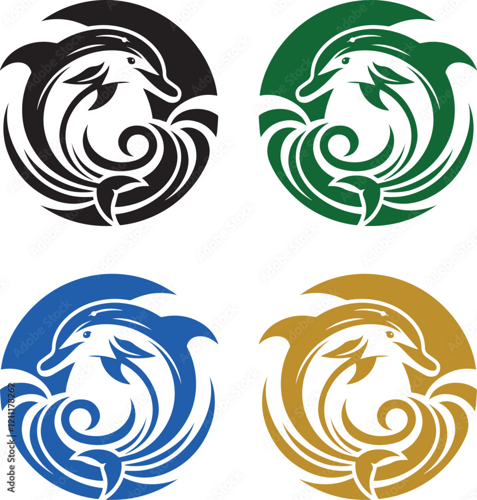 Four Dolphin Logo Variations in Black, Green, Blue, and Gold Four Dolphin Logo Variations in Black, Green, Blue, and Gold