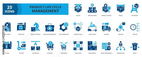 Product Life Cycle Management  Icon Collection Set. Containing launch, manufacturing, product analysis, repair, cost management, customer, supply chain Icon. Simple Flat Vector. Blue Color Style