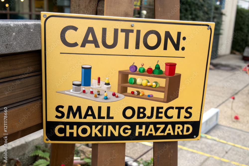 Fototapeta premium Warning sign indicating choking hazard due to small objects, featuring images of colorful items and tools, aimed at ensuring safety.