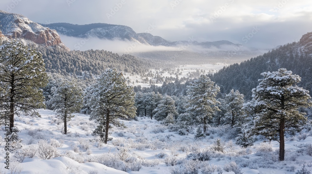 Snow-Covered Pine Trees in a Serene Winter Landscape with Mountain Views Snow-Covered Pine Trees in a Serene Winter Landscape with Mountain Views